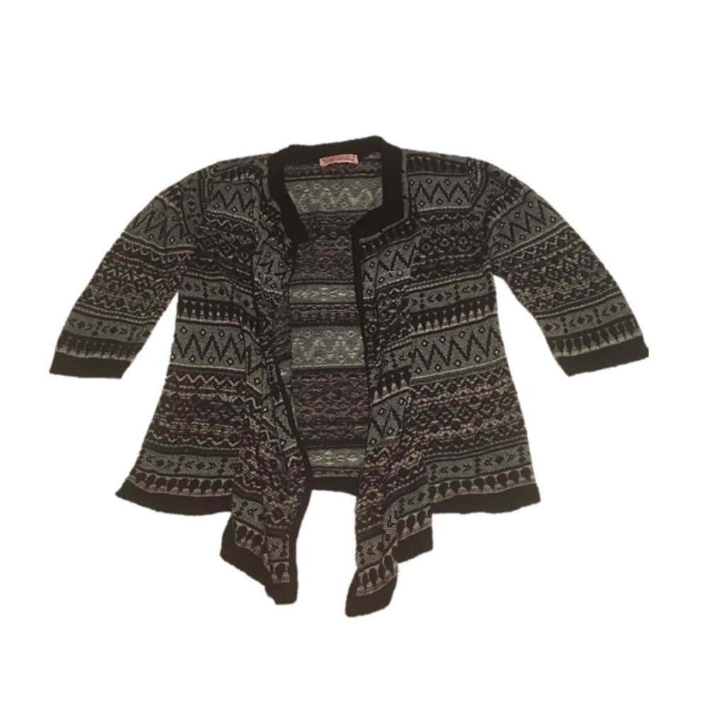 VTG Knit Minded cardigan Womens XL black fair isle 3/4 sleeve waterfall Bohemian